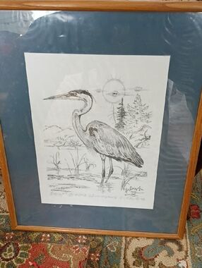 Hand-Drawn Heron Illustration Wall Art - Blue Mat